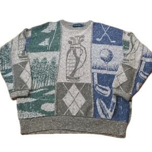 Carmel Golf Sweater Men Large Gray Cable Knit Colorblock Crewneck Vintage USA